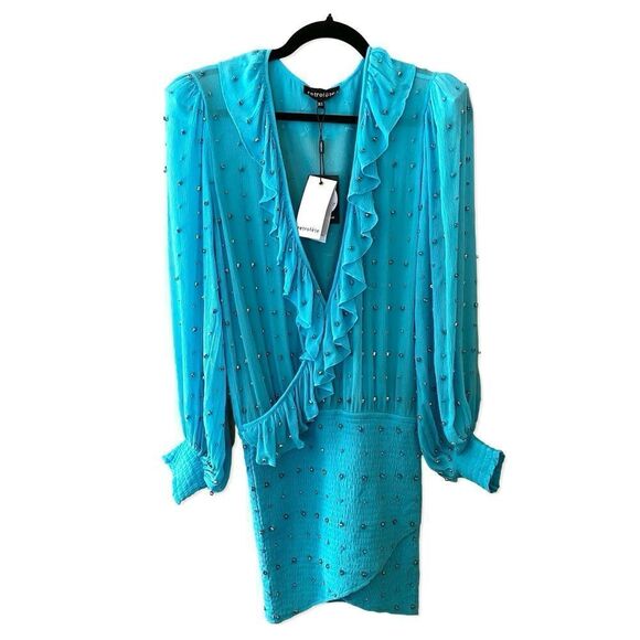 Retrofete Lennon Dress embellished smocked mini chiffon rhinestone acqua blue M - Picture 9 of 15